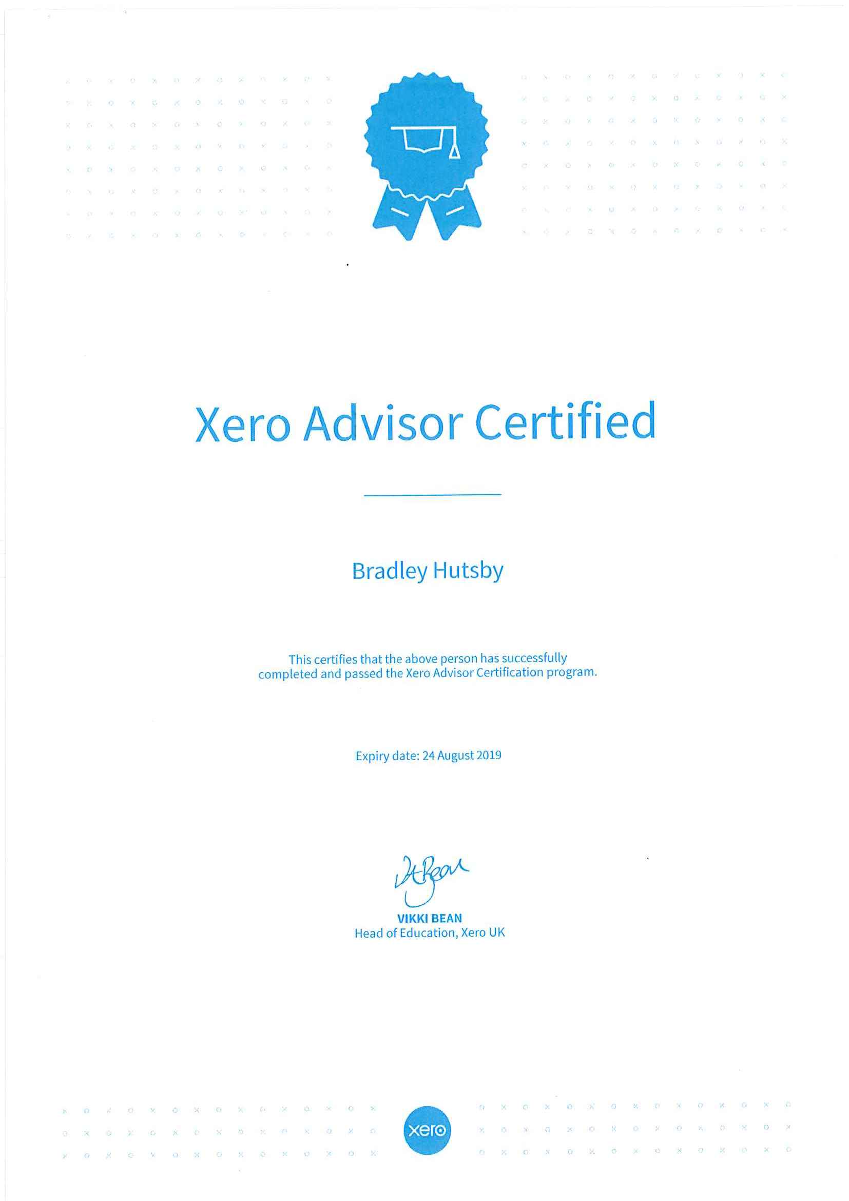 Bradley's Xero Certificate.