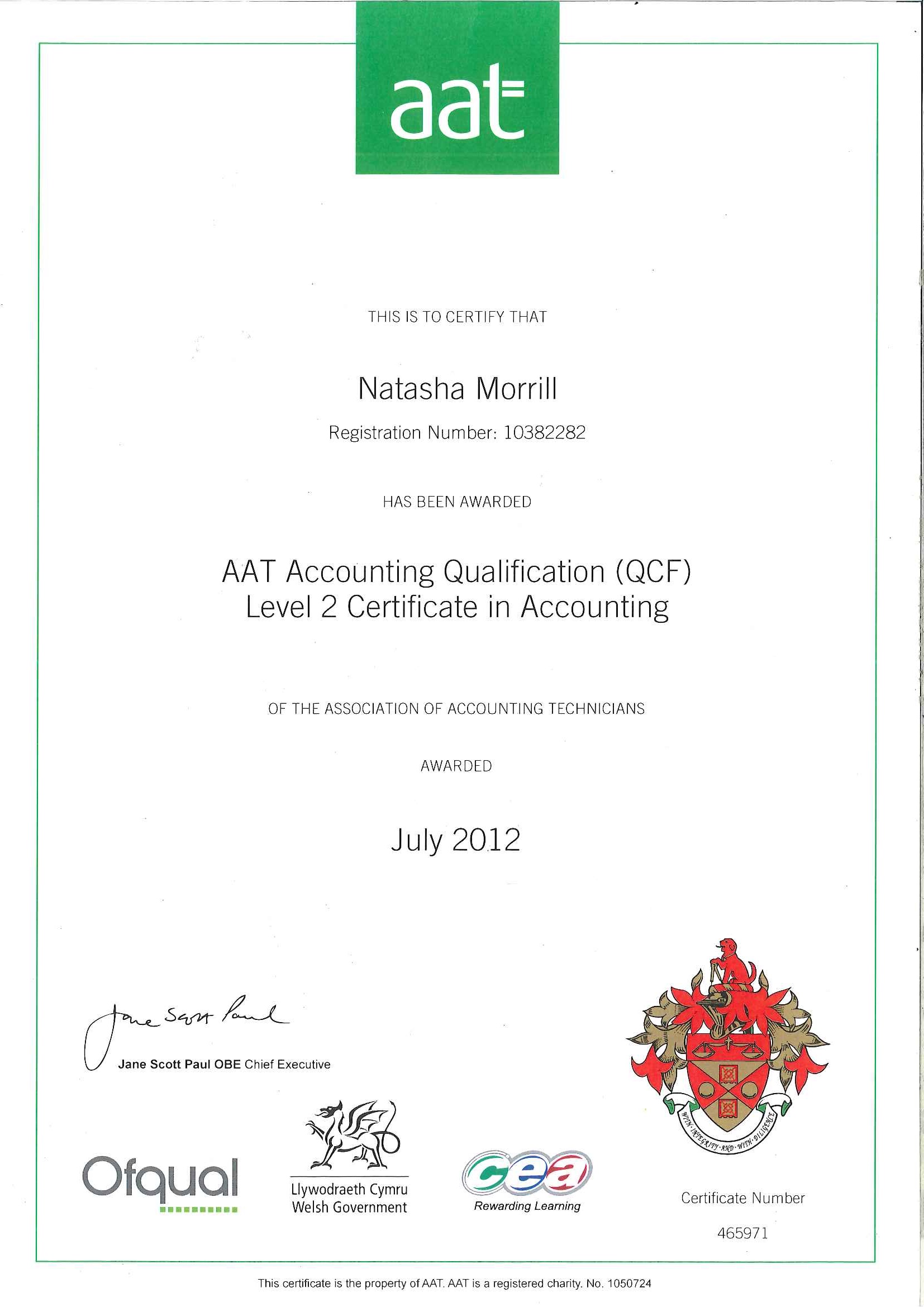 Natasha's AAT Level 2 Certificate.