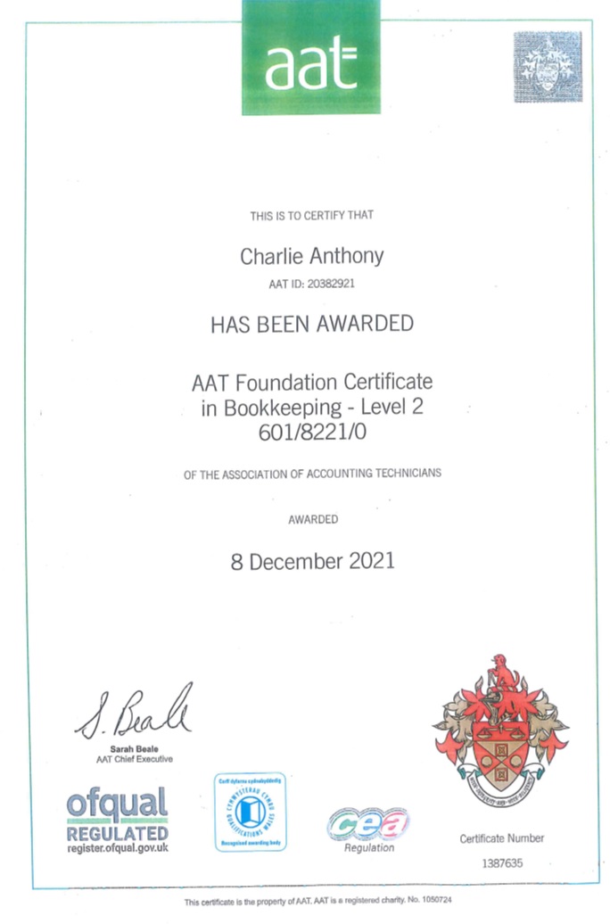 Charlie's Level 2 AAT Certificate.