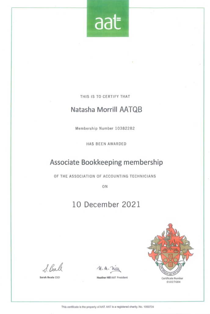 Natasha's Level 3 AAT Bookkeeping Certificate.