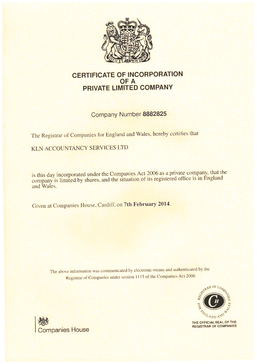 Certificate of Public Limited Company Certificate.