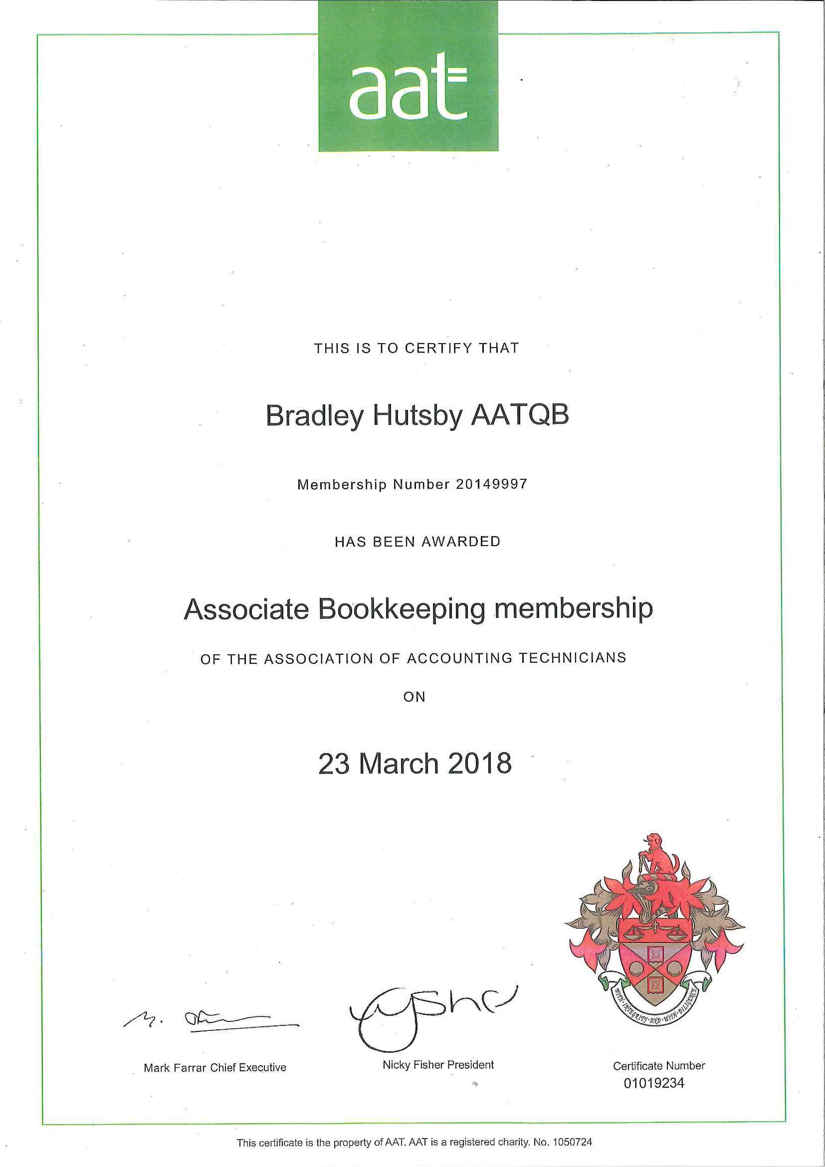 Bradley's Level 3 AAT Bookkeeping Membership Certificate.