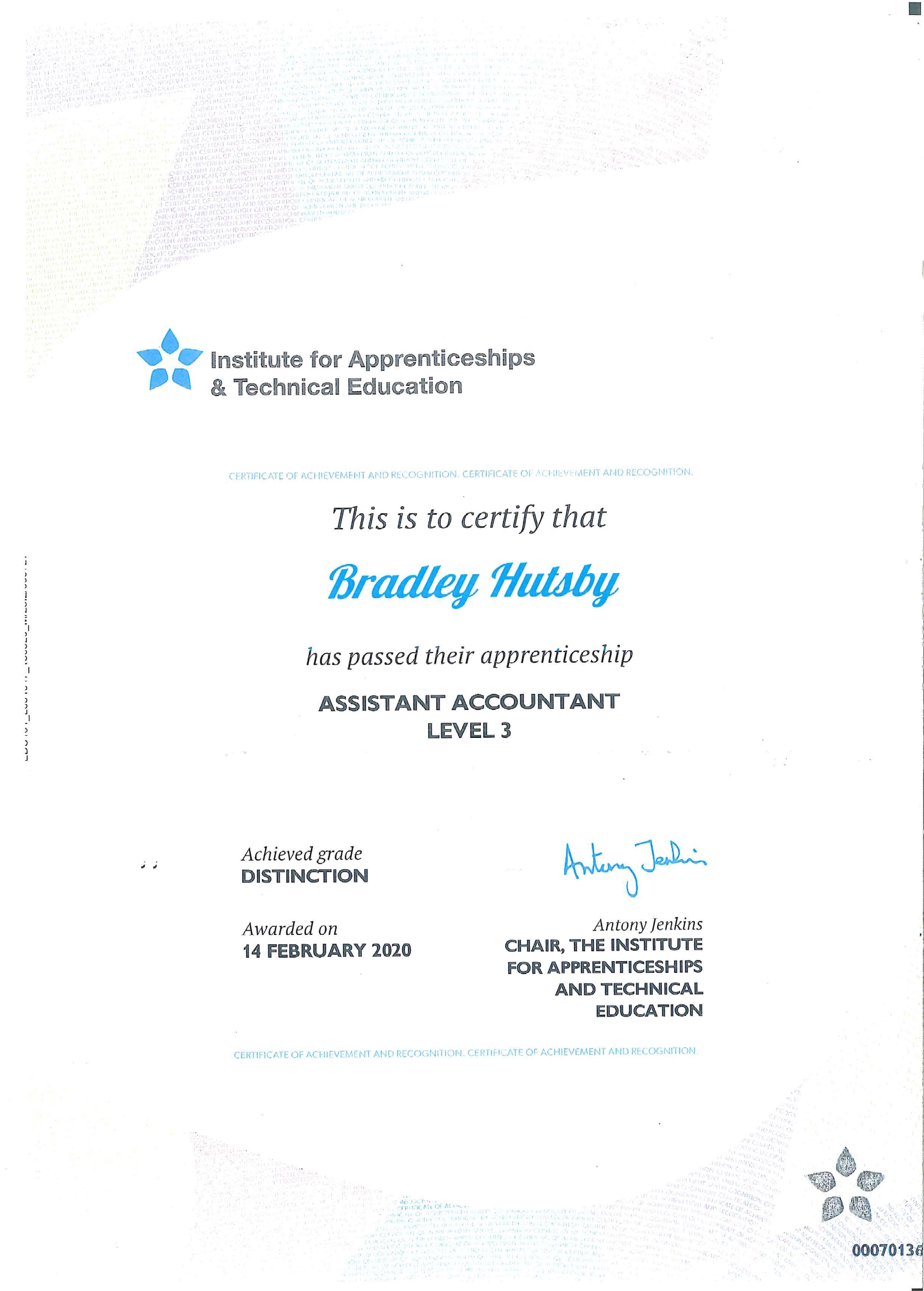 Bradley's Level 3 Assistant Accountant Certificate.