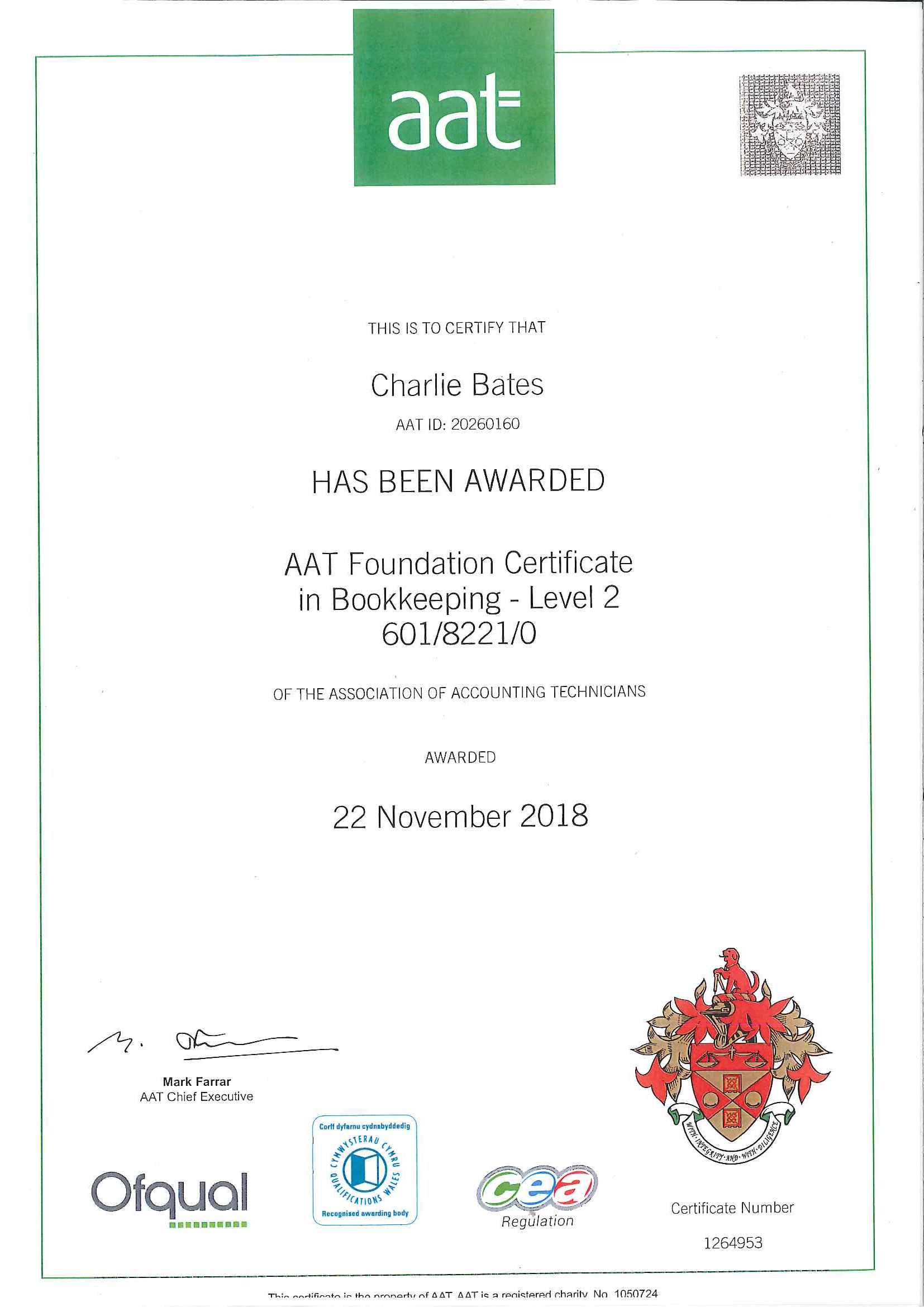 Charlie's Level 2 AAT Bookkeeping Certificate.