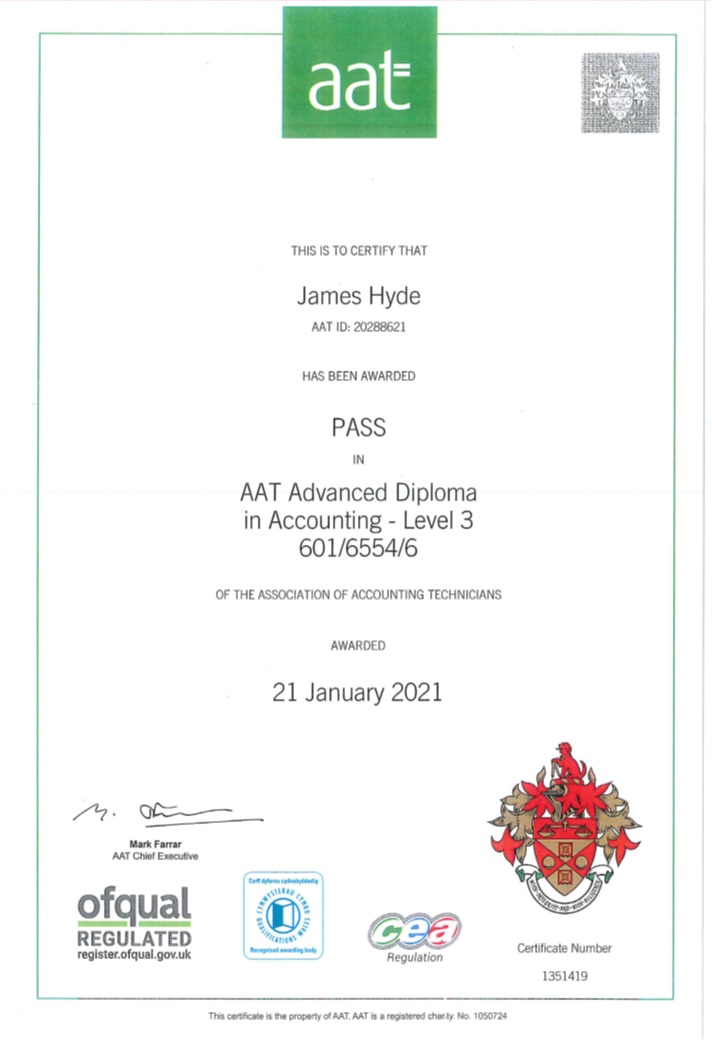 James's Level 3 AAT Certificate.
