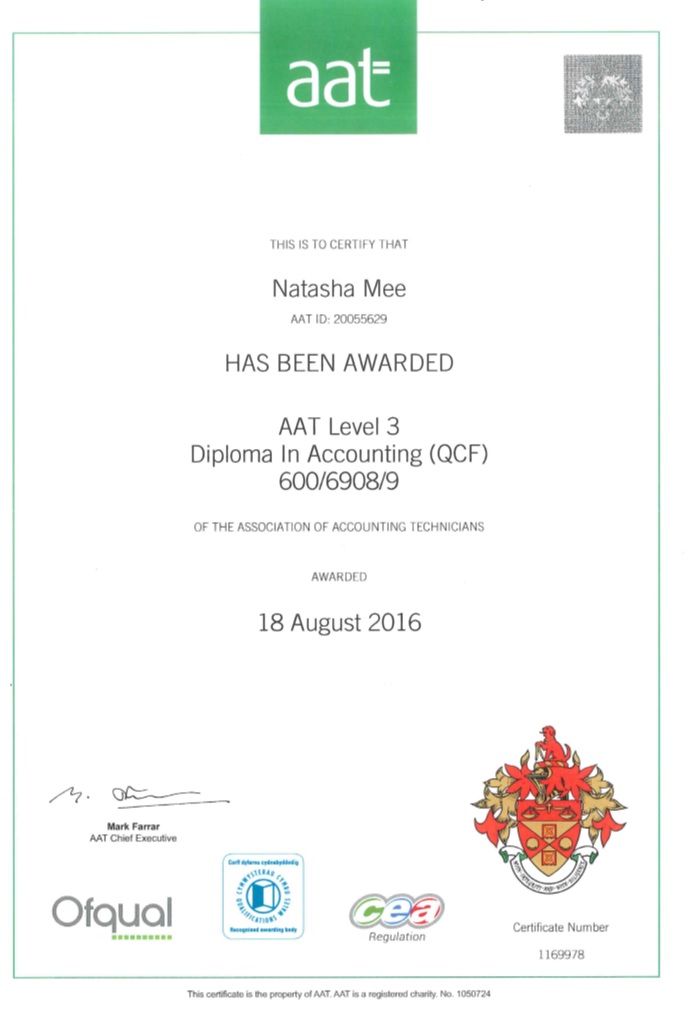 Natasha's AAT Level 3 Certificate.