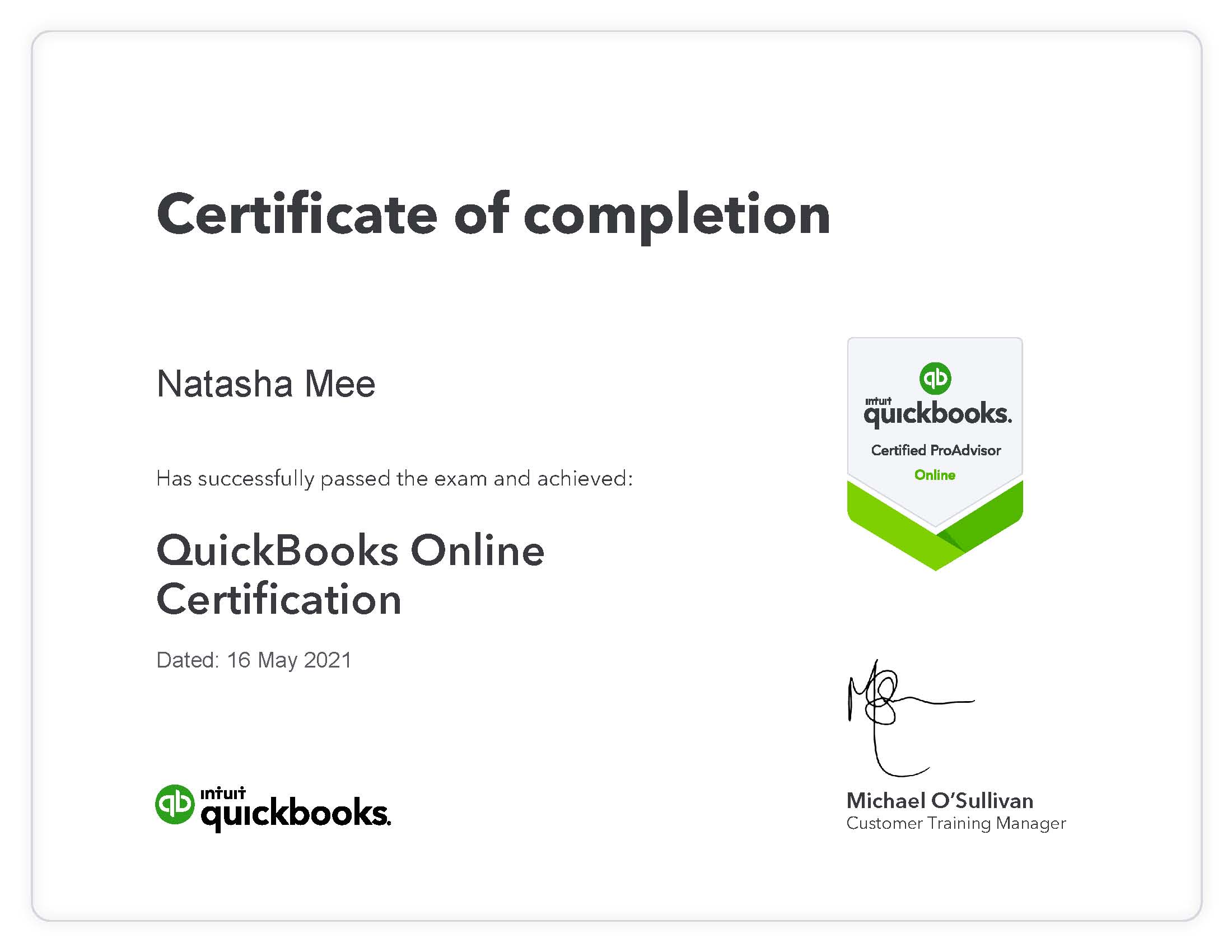 Natasha's Quickbooks ProAdvisor Certificate.